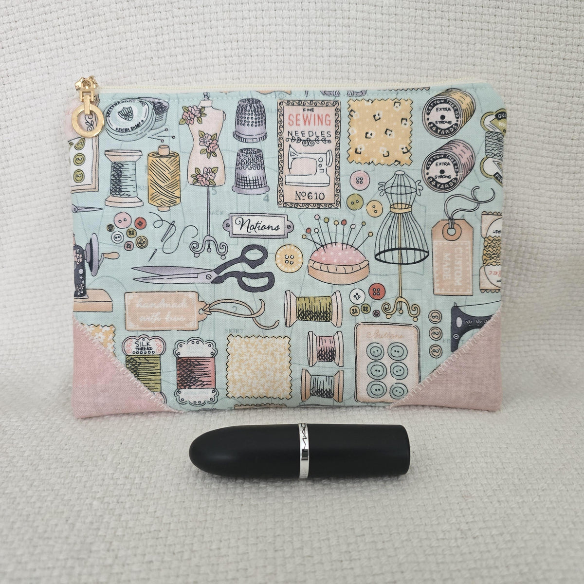 Sewing Themed Cosmetic Bag, Handmade Zipper Pouch, Quilting & Craft Gift