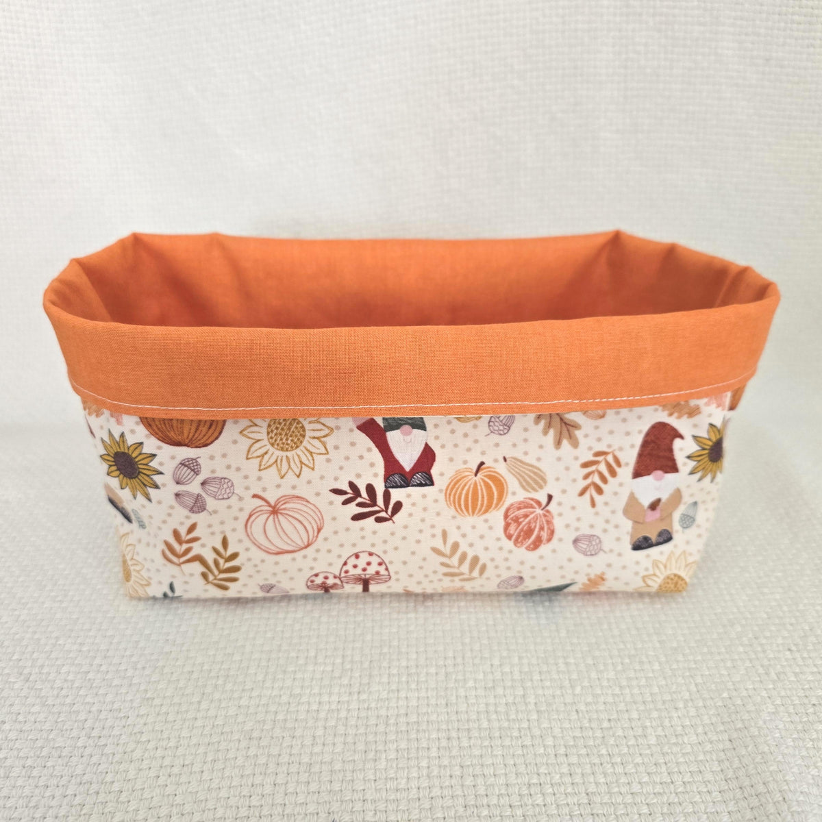 Handmade Reversible Autumn Gnome Fabric Basket, Pumpkin Bread Storage (20x9x12cm)