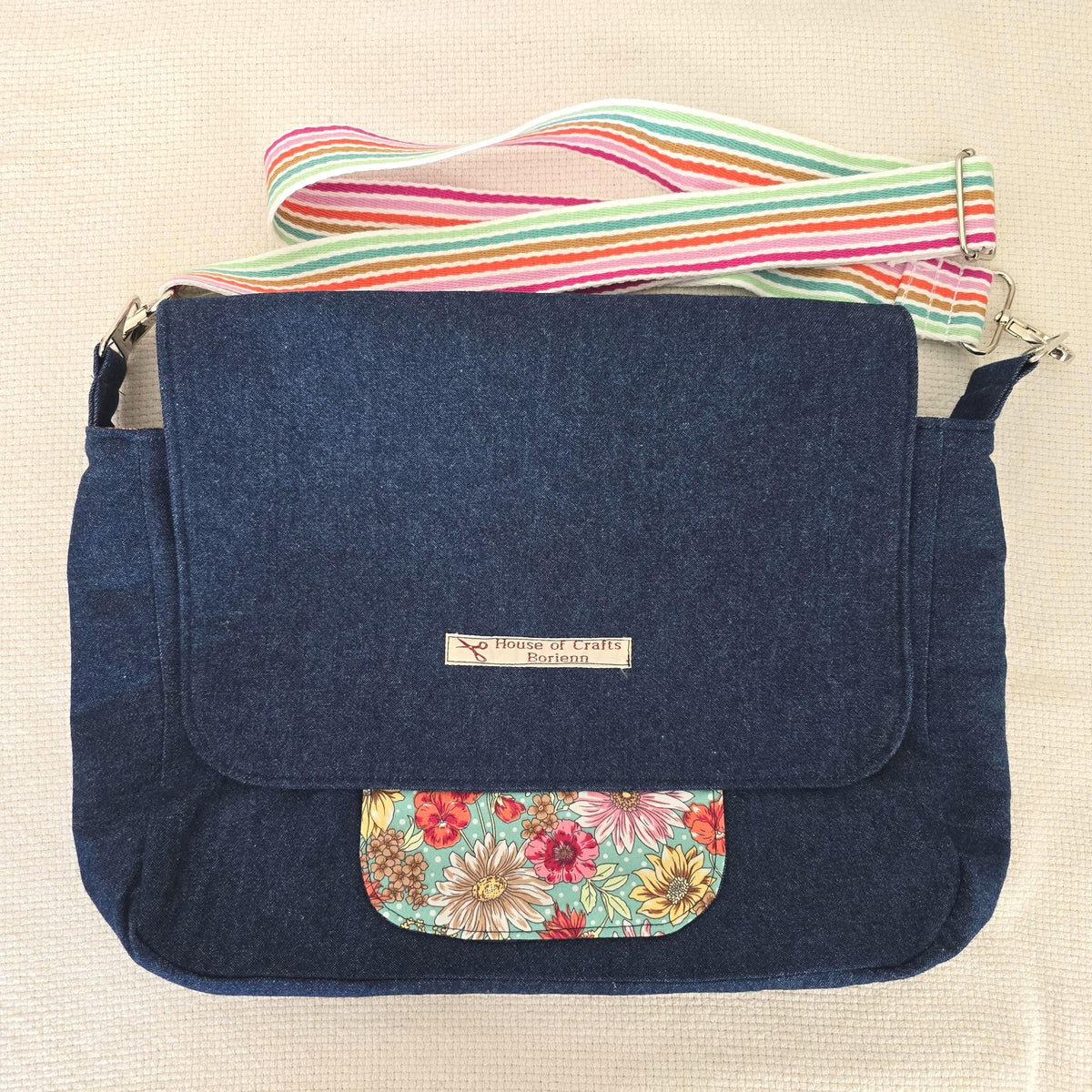 Handmade Denim Crossbody Bag, Floral Cotton Accents, Magnetic Closure, Adjustable Strap