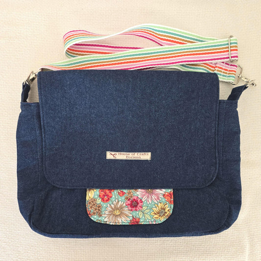 Handmade Denim Crossbody Bag, Floral Cotton Accents, Magnetic Closure, Adjustable Strap