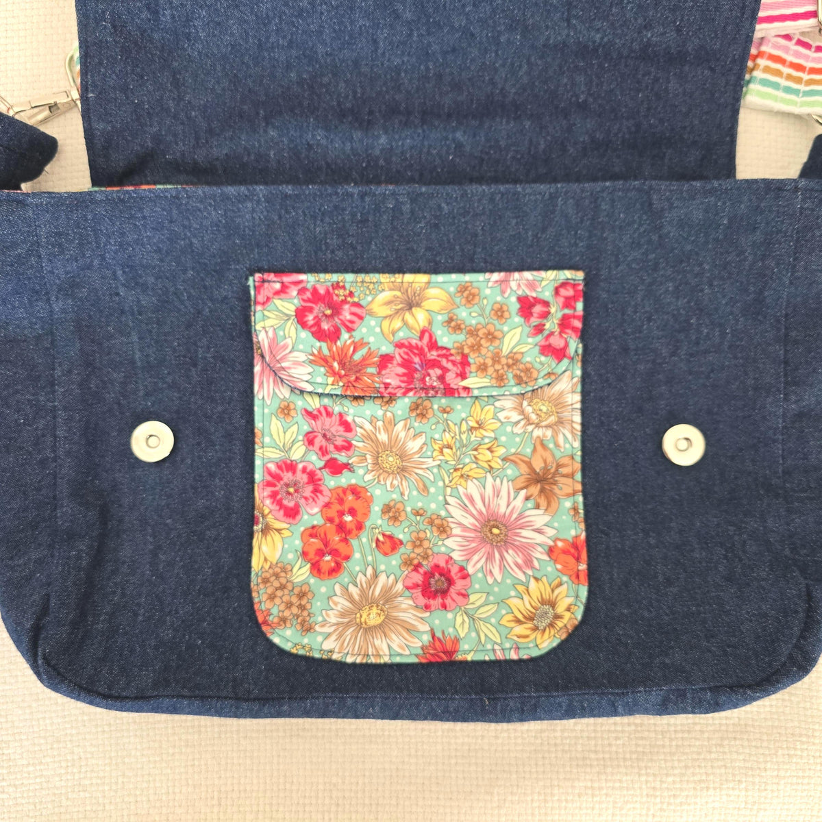 Handmade Denim Crossbody Bag, Floral Cotton Accents, Magnetic Closure, Adjustable Strap