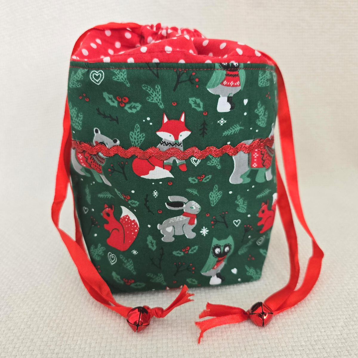 Handmade Woodland Christmas Gift Bag, Padded Fabric Sack, Reusable Stocking Filler