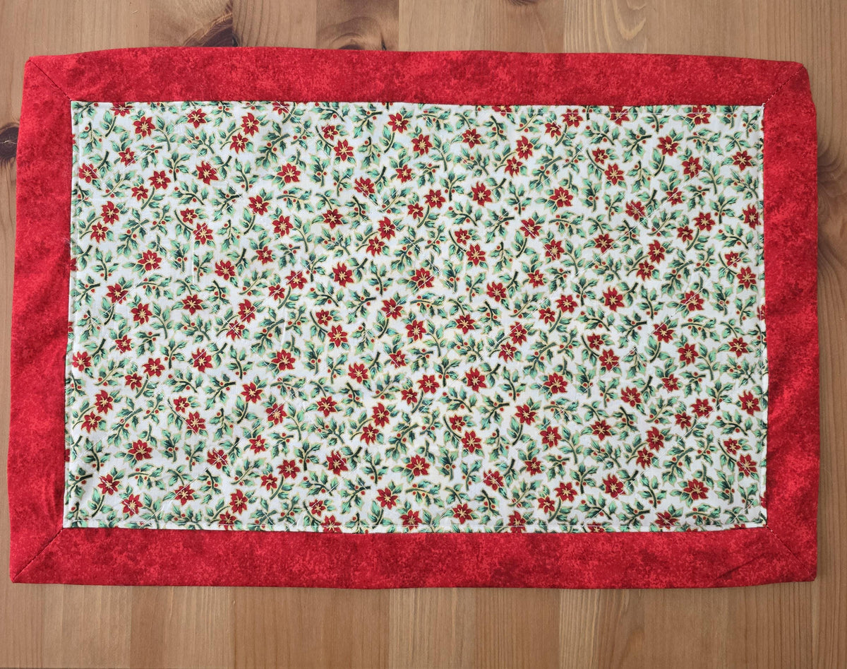 Handmade Quilted Poinsettia Placemat, Red Holly Christmas Table Decor