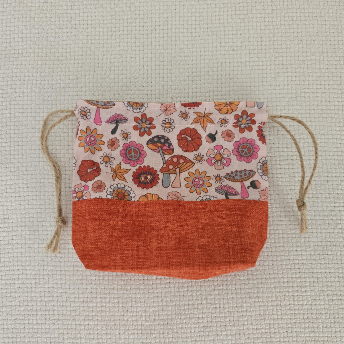 Handmade Autumn Mushroom Drawstring Pouch, Floral Jewellery Bag (14x11cm)