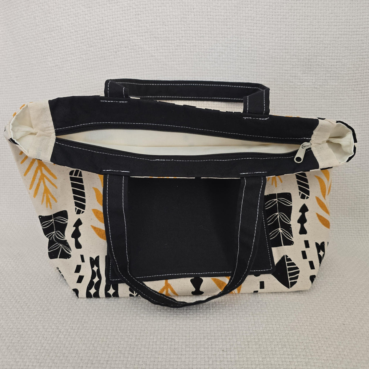 Handmade Canvas Tote Bag, Black Mustard Geometric Print, Structured Shoulder Bag