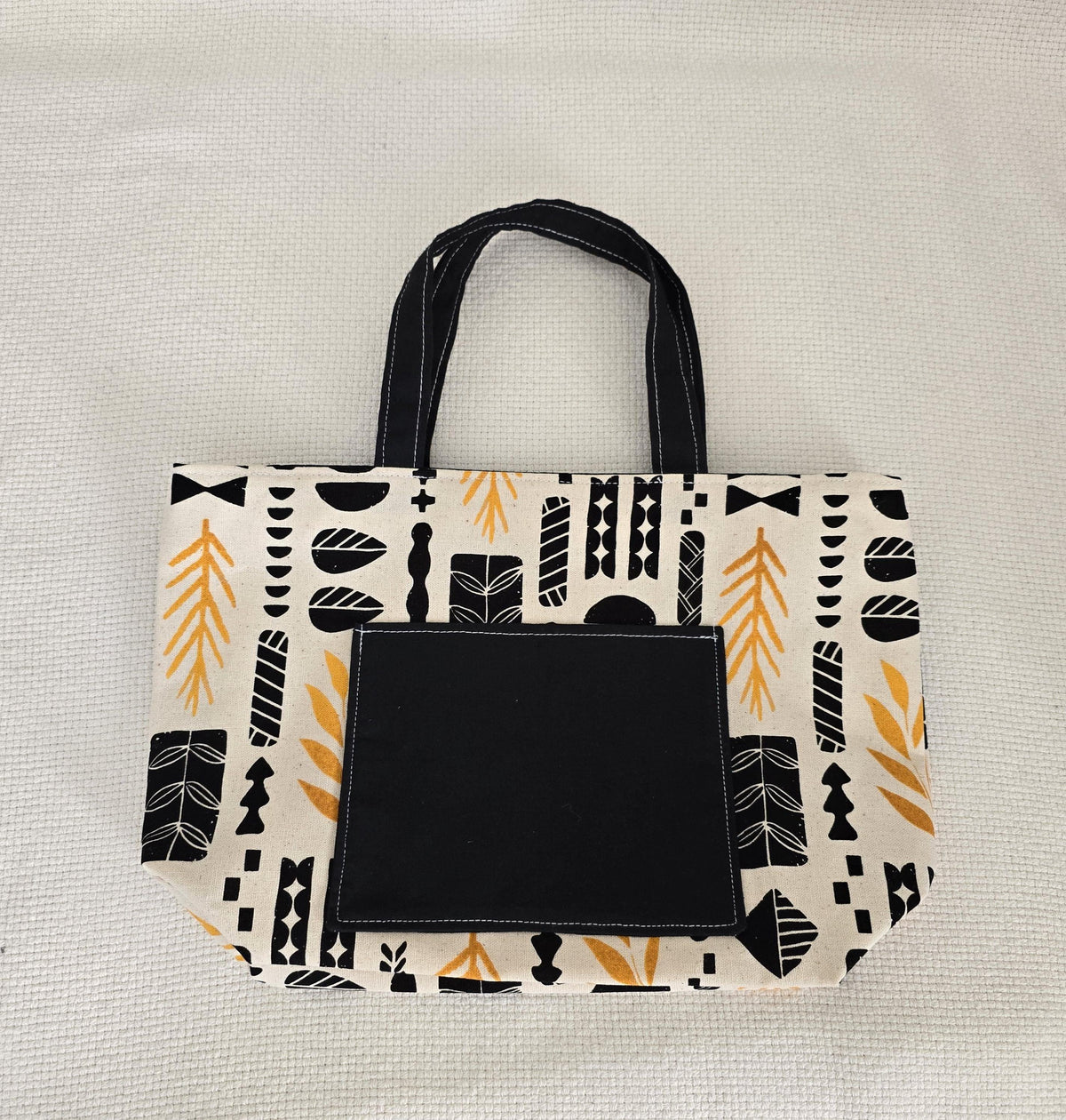 Handmade Canvas Tote Bag, Black Mustard Geometric Print, Structured Shoulder Bag
