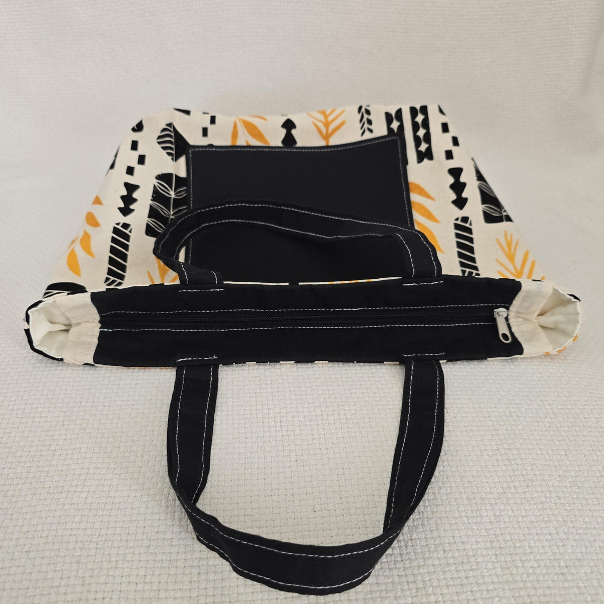 Handmade Canvas Tote Bag, Black Mustard Geometric Print, Structured Shoulder Bag