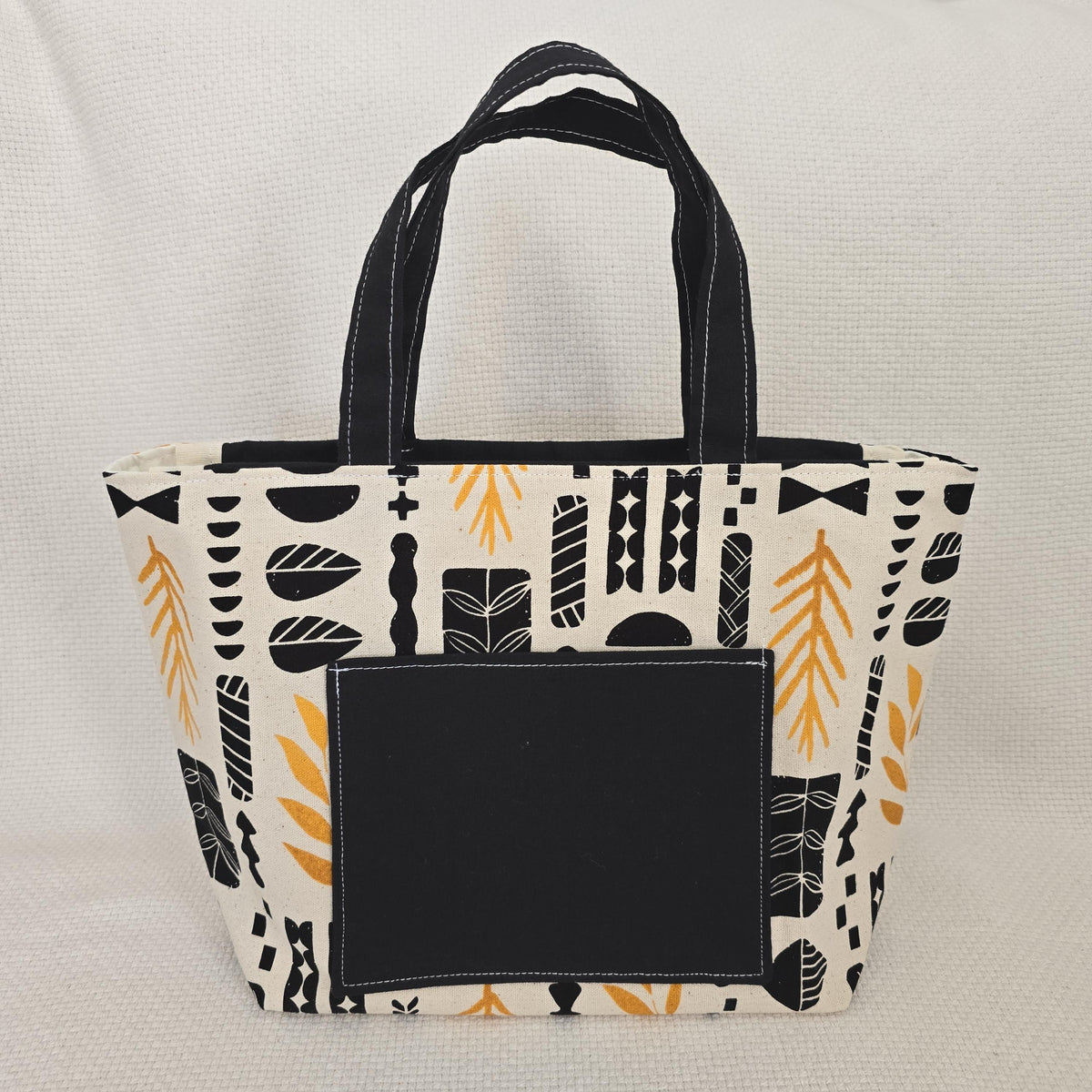 Handmade Canvas Tote Bag, Black Mustard Geometric Print, Structured Shoulder Bag