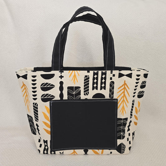 Handmade Canvas Tote Bag, Black Mustard Geometric Print, Structured Shoulder Bag