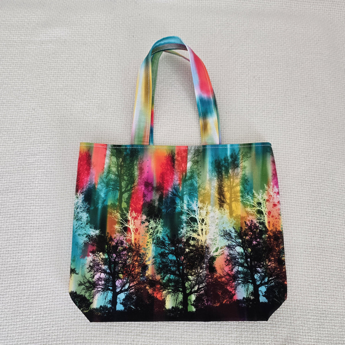 Colourful Forest Mini Tote Bag, Small Snack Bag, Gift Tote, Rainbow Tree Handbag, Handmade Small Fabric Bag