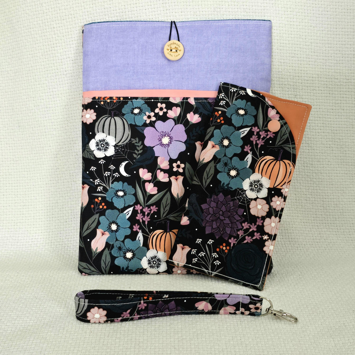Halloween Floral Book Cover & iPad Sleeve Set, Glasses Case and Wristlet, Pumpkin Handmade Accessories