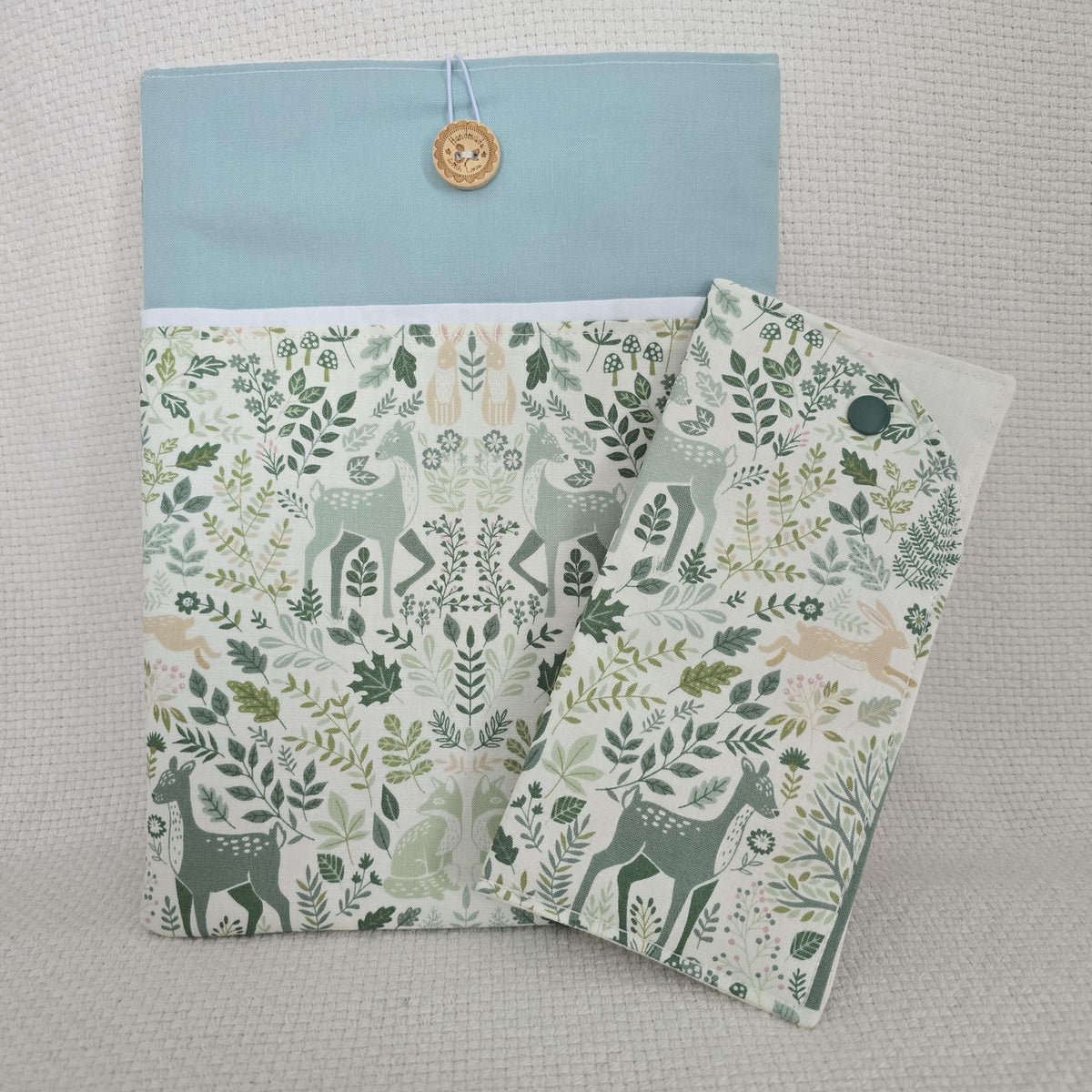 Woodland Book Sleeve & Glasses Case Set – Deer Rabbit Forest Fabric – Handmade Padded Accessories
