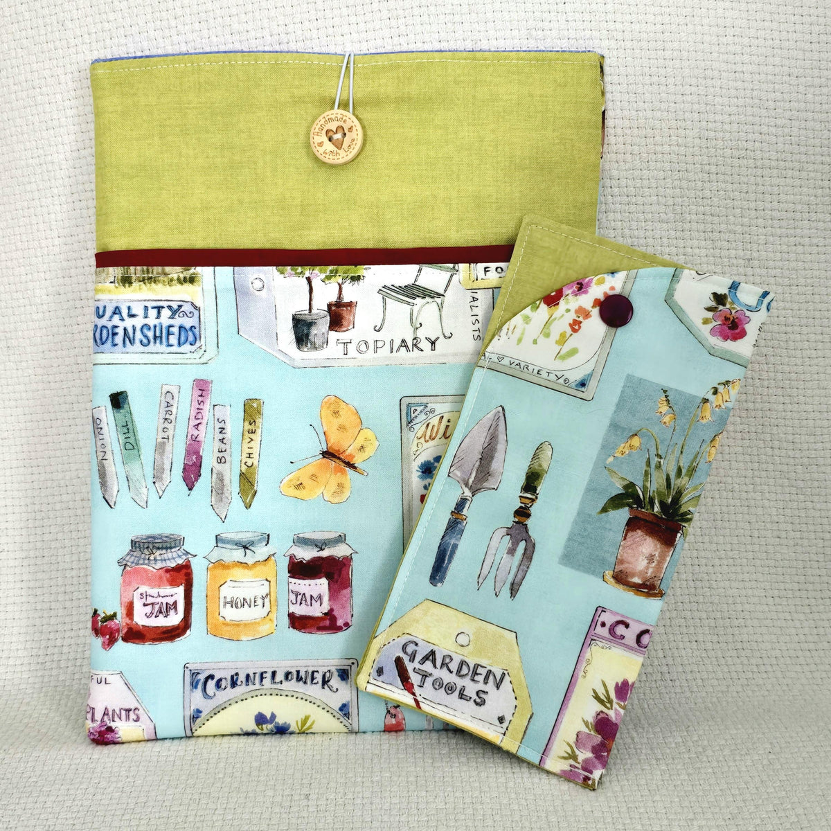 Gardening Book Sleeve & Glasses Case Set – Garden Tools Floral Fabric – Handmade Gift for Gardeners