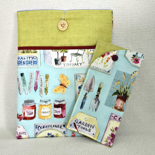 Gardening Book Sleeve & Glasses Case Set – Garden Tools Floral Fabric – Handmade Gift for Gardeners