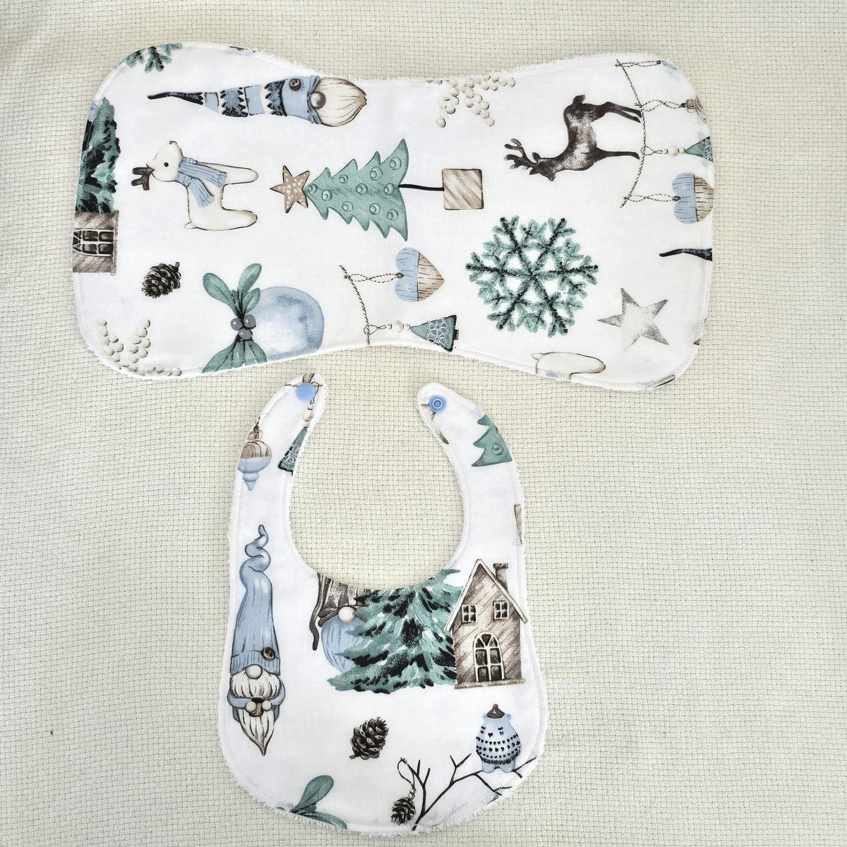 Christmas Baby Bib & Burp Cloth Set – Winter Gnome Reindeer Cotton – Handmade Baby Gift