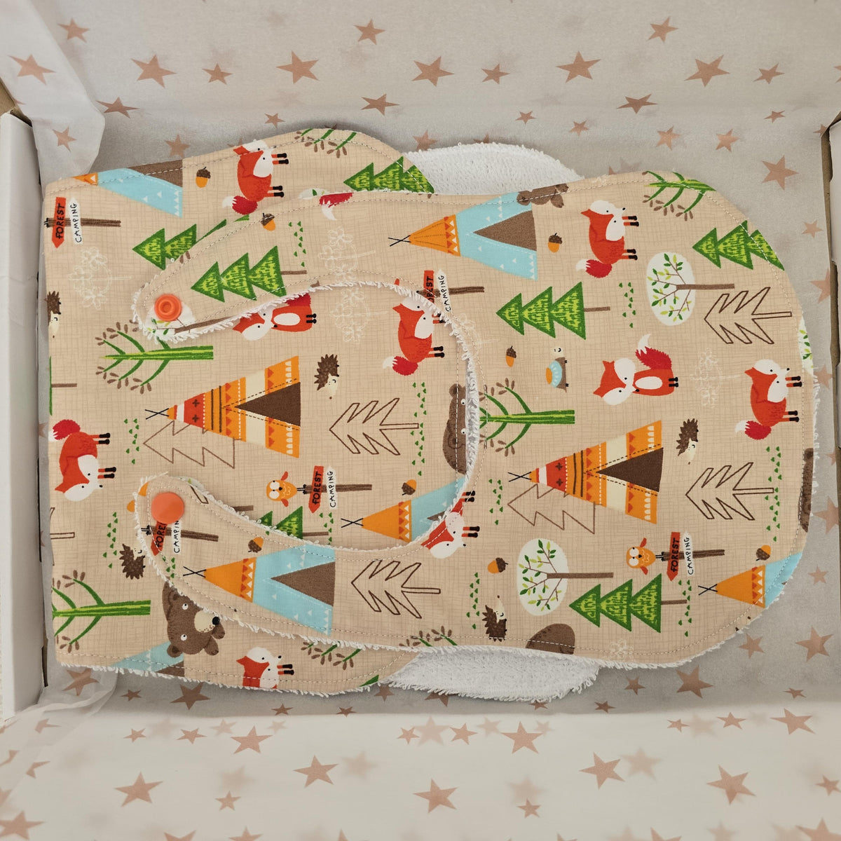 Woodland Fox Baby Bib & Burp Cloth Set – Forest Camping Cotton – Handmade Baby Gift