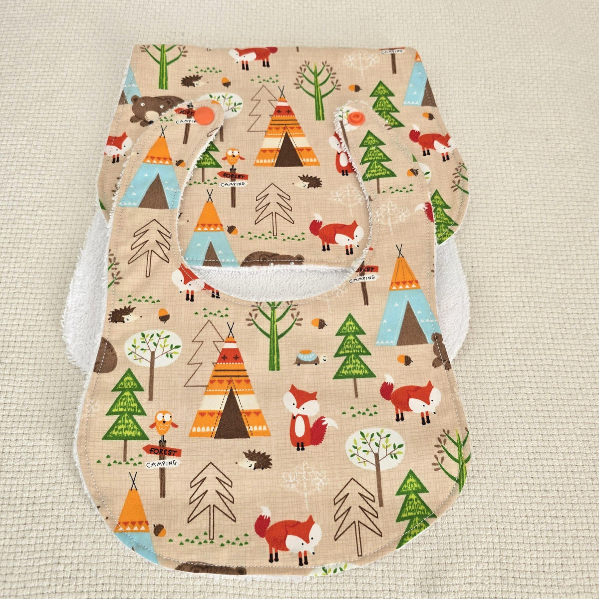 Woodland Fox Baby Bib & Burp Cloth Set – Forest Camping Cotton – Handmade Baby Gift