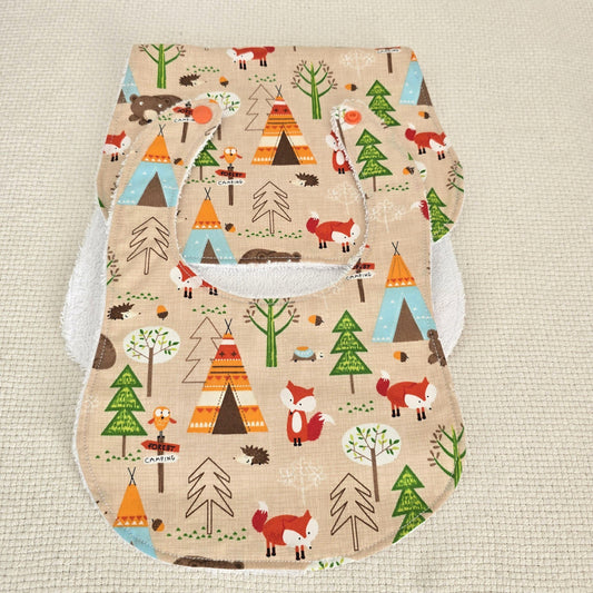 Woodland Fox Baby Bib & Burp Cloth Set – Forest Camping Cotton – Handmade Baby Gift
