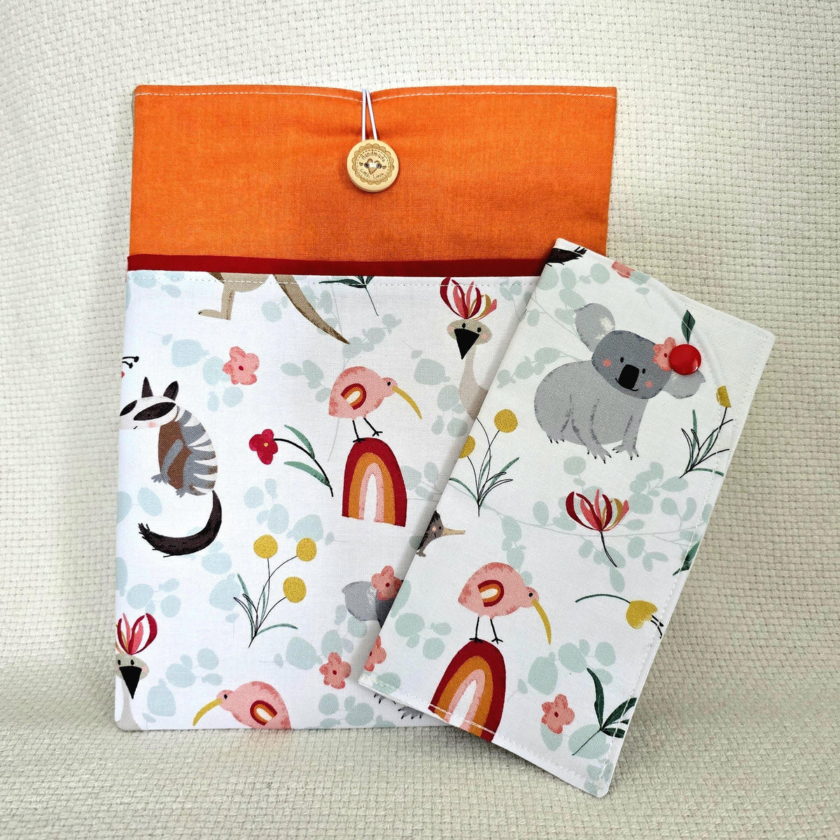 Australian Animals Book Sleeve & Glasses Case Set – Koala Kangaroo Cotton – Handmade Gift