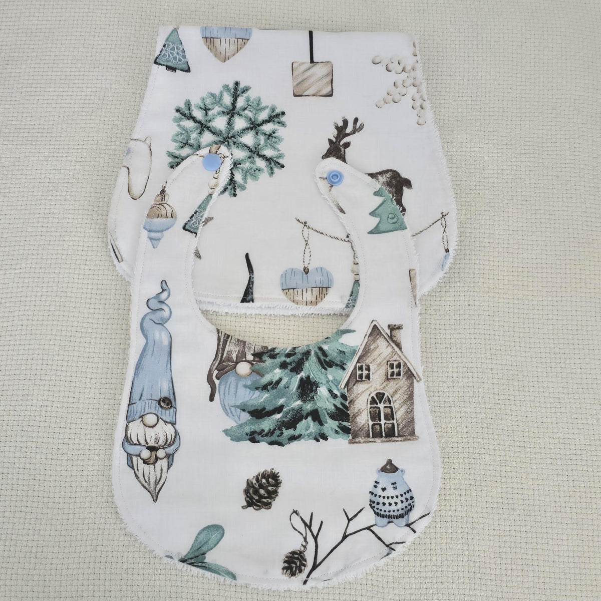Christmas Baby Bib & Burp Cloth Set – Winter Gnome Reindeer Cotton – Handmade Baby Gift
