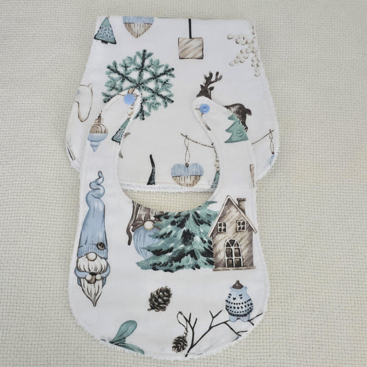 Christmas Baby Bib & Burp Cloth Set – Winter Gnome Reindeer Cotton – Handmade Baby Gift